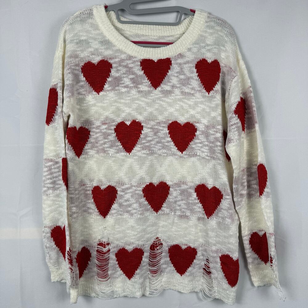 Distressed Heart Red & White Knit Long Sleeve Pullover Sweatshirt NWOT Small